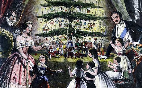 Queen Victoria, Prince Albert, and family around their Christmas tree. The Prince Consort introduced Christmas trees to England in the 1840s.